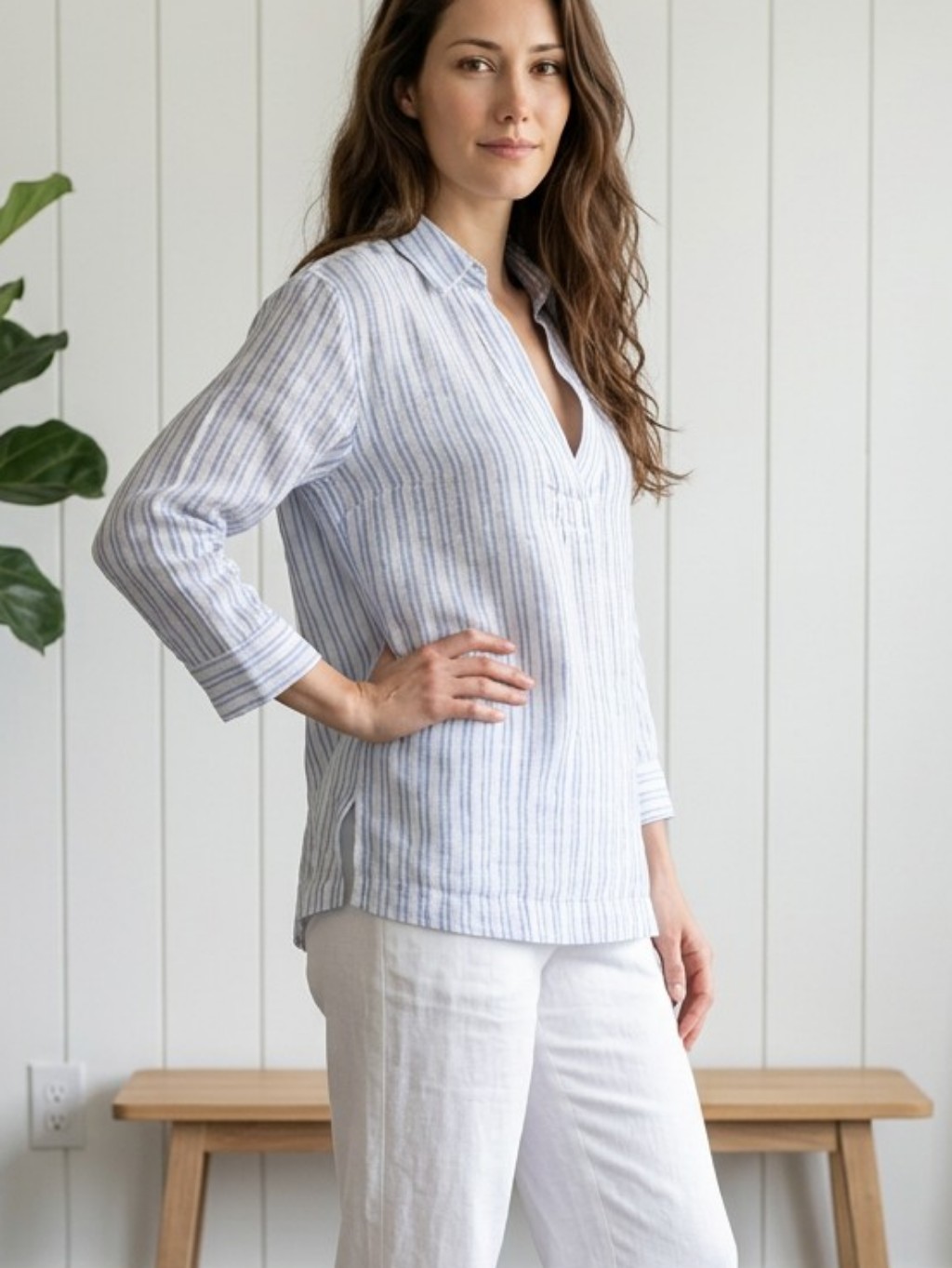 Martha Stewart Blue And White Striped 100 Linen Top Martha Stewart Blue And White Striped 100 Linen Top